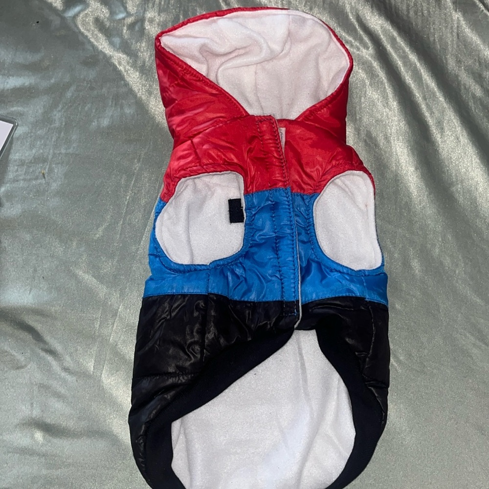 small dog jacket, red blue and black